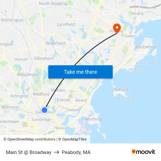 Main St @ Broadway to Peabody, MA map