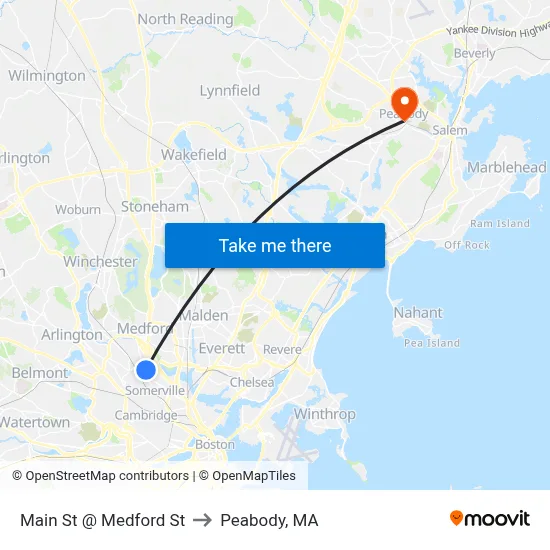 Main St @ Medford St to Peabody, MA map