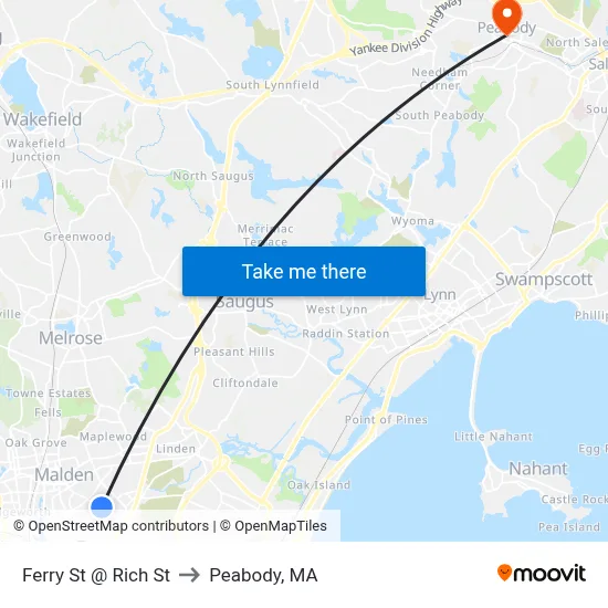 Ferry St @ Rich St to Peabody, MA map