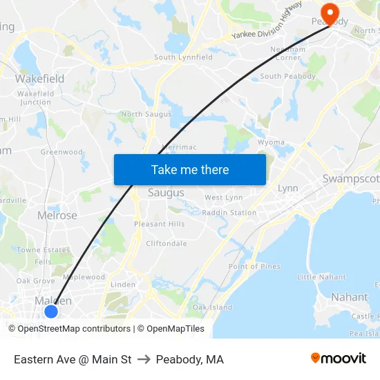 Eastern Ave @ Main St to Peabody, MA map