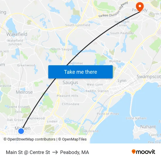 Main St @ Centre St to Peabody, MA map