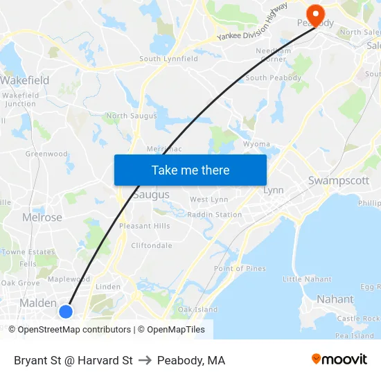 Bryant St @ Harvard St to Peabody, MA map