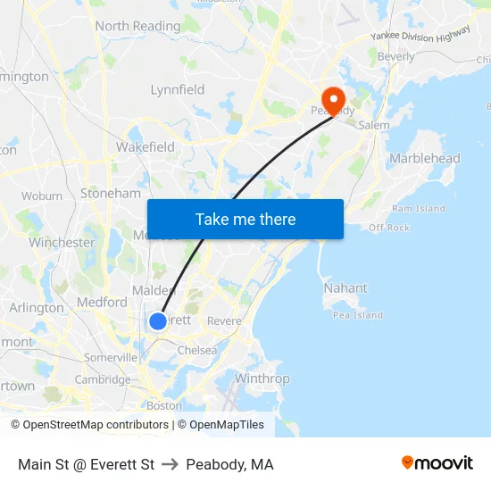 Main St @ Everett St to Peabody, MA map
