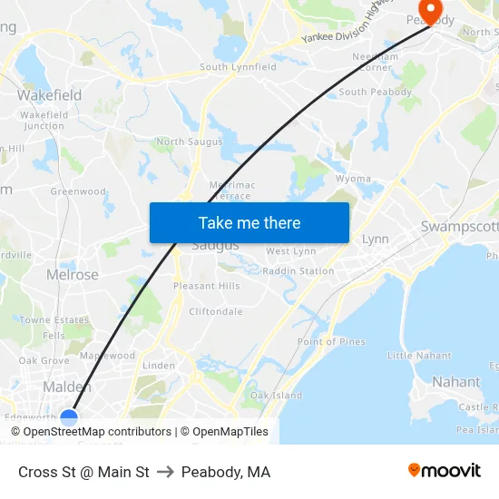 Cross St @ Main St to Peabody, MA map
