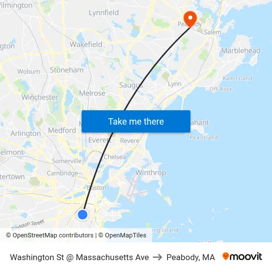 Washington St @ Massachusetts Ave to Peabody, MA map
