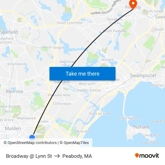 Broadway @ Lynn St to Peabody, MA map
