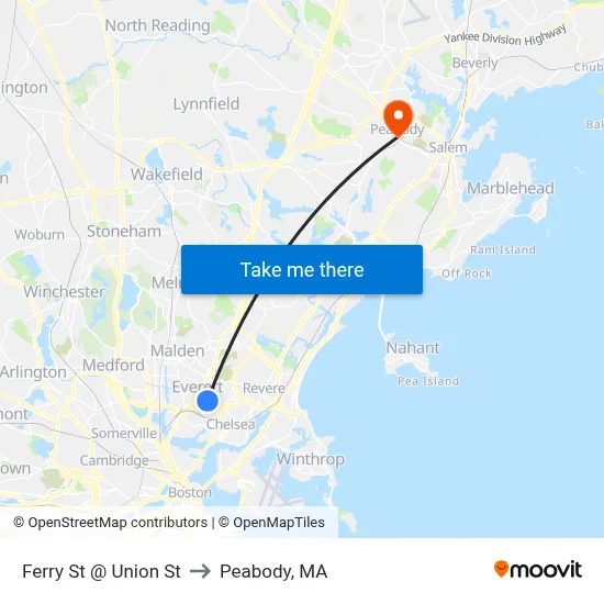 Ferry St @ Union St to Peabody, MA map