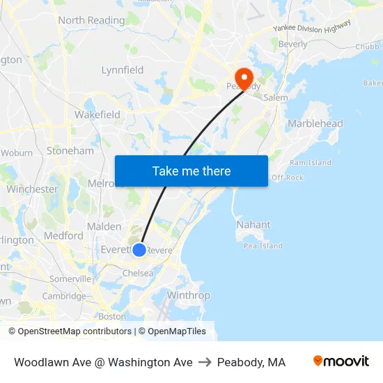 Woodlawn Ave @ Washington Ave to Peabody, MA map