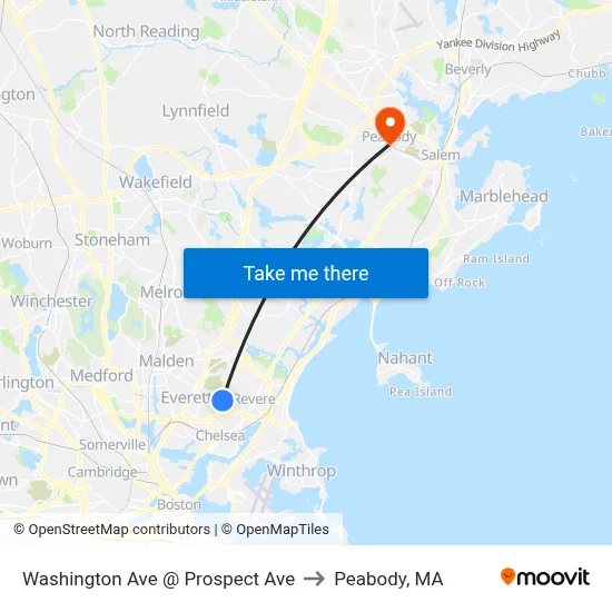 Washington Ave @ Prospect Ave to Peabody, MA map
