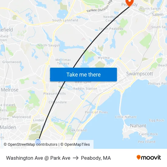 Washington Ave @ Park Ave to Peabody, MA map