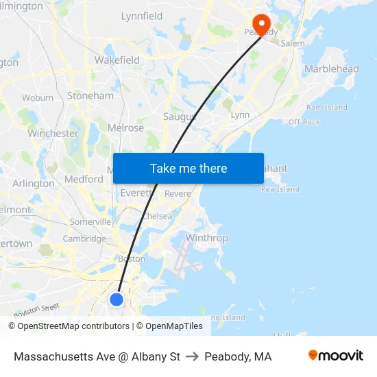 Massachusetts Ave @ Albany St to Peabody, MA map