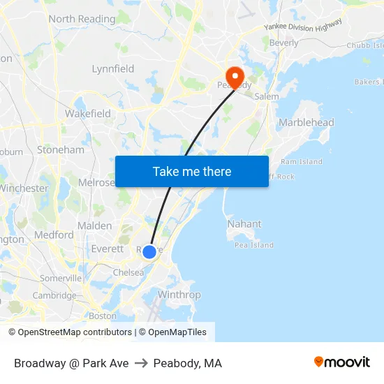 Broadway @ Park Ave to Peabody, MA map