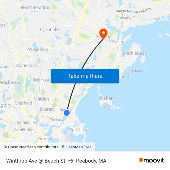 Winthrop Ave @ Beach St to Peabody, MA map