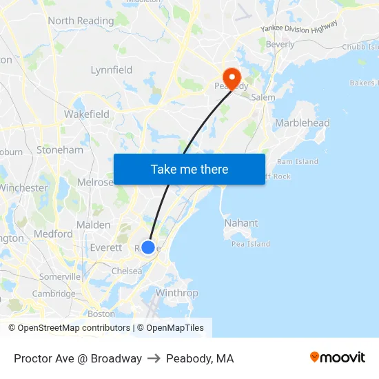 Proctor Ave @ Broadway to Peabody, MA map