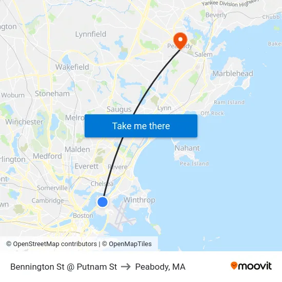 Bennington St @ Putnam St to Peabody, MA map