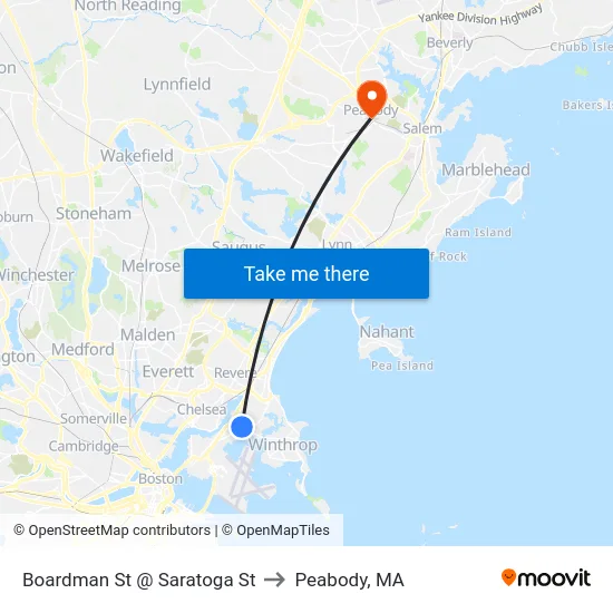 Boardman St @ Saratoga St to Peabody, MA map