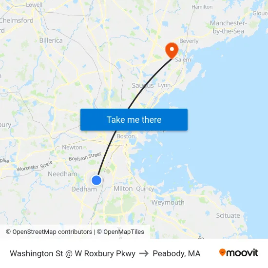 Washington St @ W Roxbury Pkwy to Peabody, MA map
