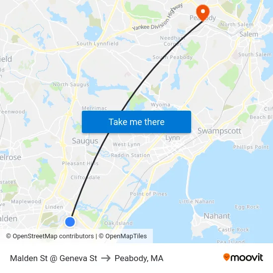 Malden St @ Geneva St to Peabody, MA map