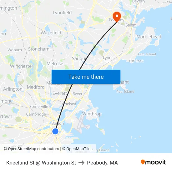 Kneeland St @ Washington St to Peabody, MA map