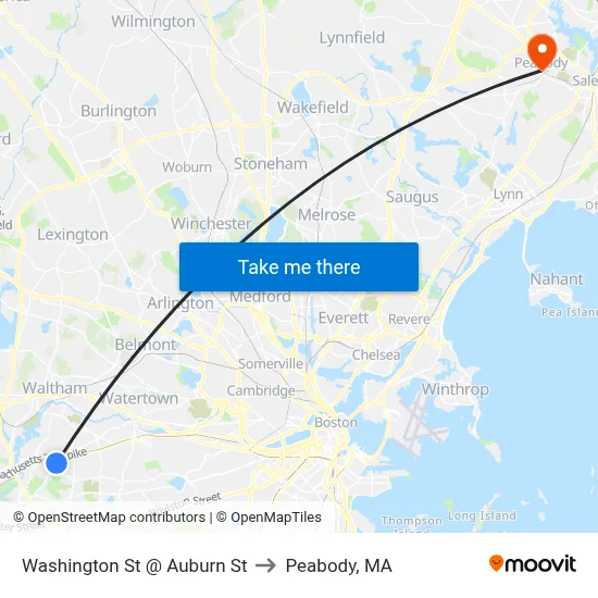 Washington St @ Auburn St to Peabody, MA map