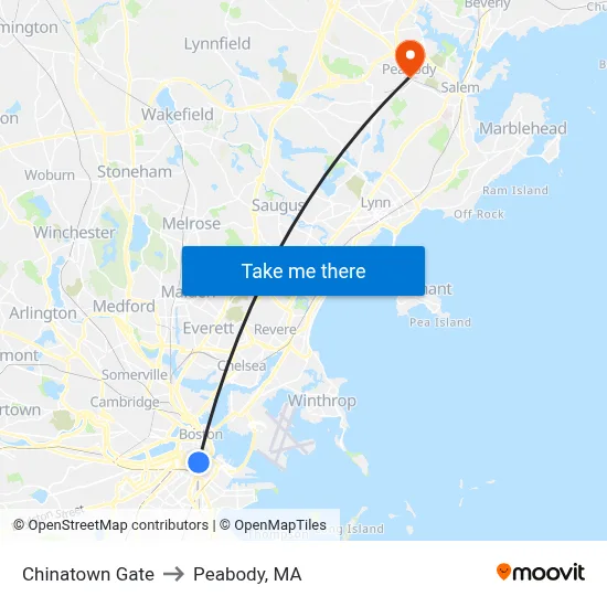 Chinatown Gate to Peabody, MA map