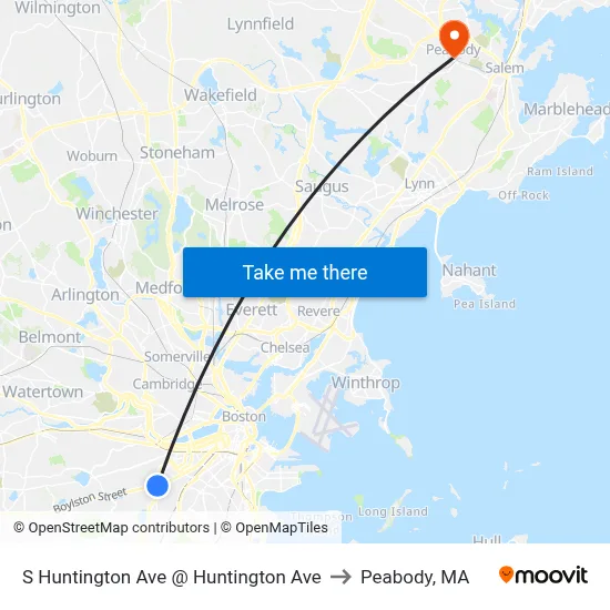 S Huntington Ave @ Huntington Ave to Peabody, MA map