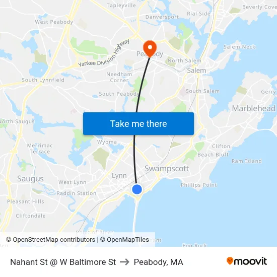Nahant St @ W Baltimore St to Peabody, MA map