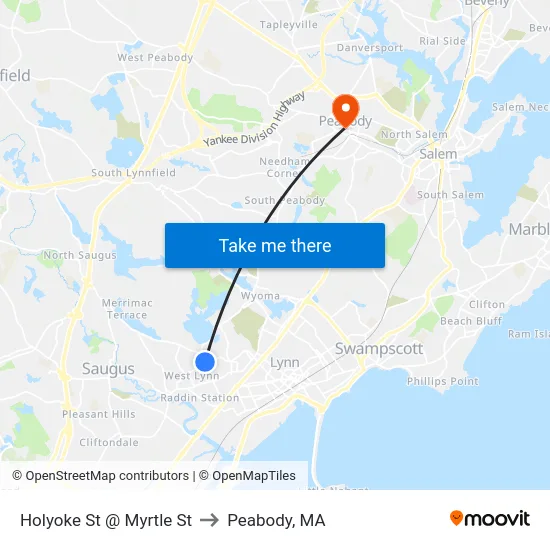Holyoke St @ Myrtle St to Peabody, MA map