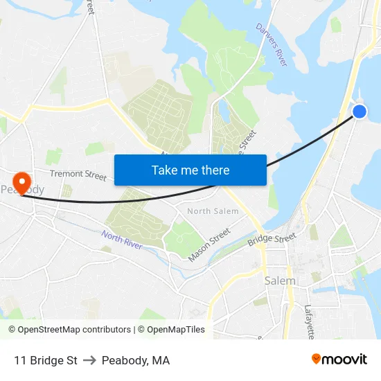 11 Bridge St to Peabody, MA map