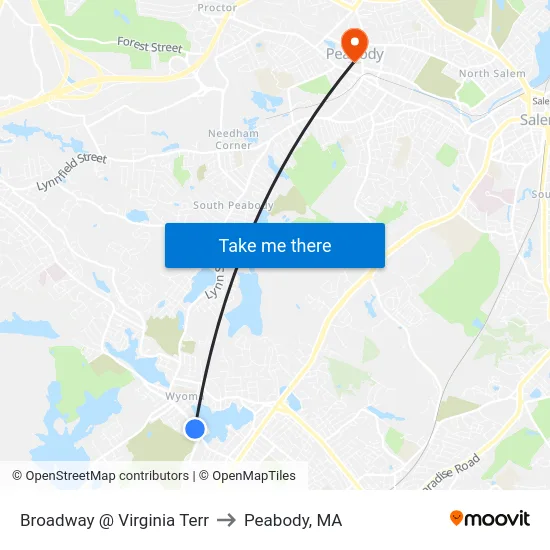 Broadway @ Virginia Terr to Peabody, MA map