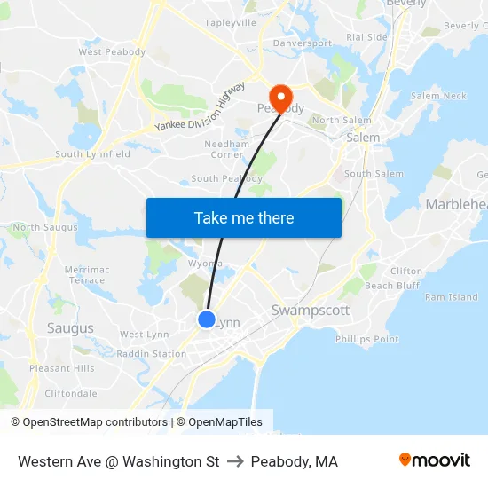 Western Ave @ Washington St to Peabody, MA map