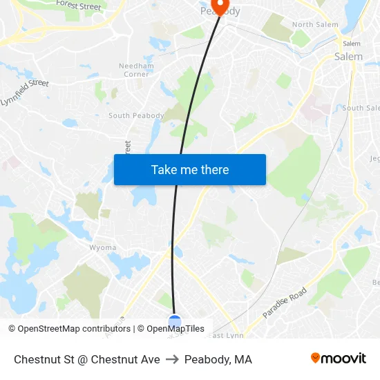 Chestnut St @ Chestnut Ave to Peabody, MA map