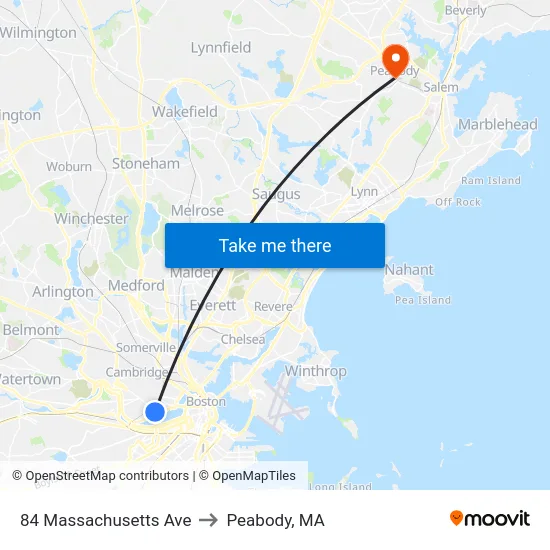 84 Massachusetts Ave to Peabody, MA map