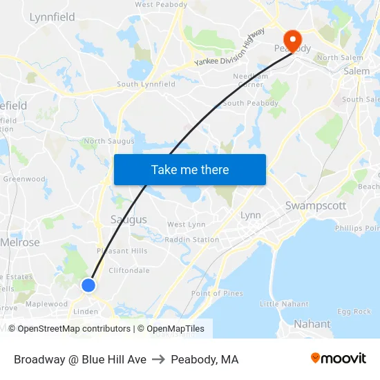 Broadway @ Blue Hill Ave to Peabody, MA map