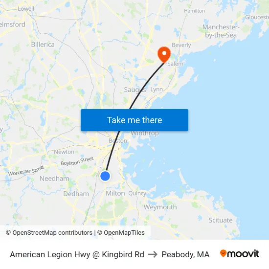 American Legion Hwy @ Kingbird Rd to Peabody, MA map