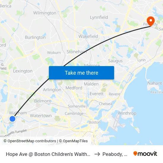 Hope Ave @ Boston Children's Waltham to Peabody, MA map