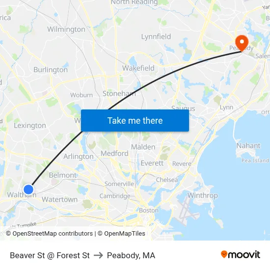 Beaver St @ Forest St to Peabody, MA map