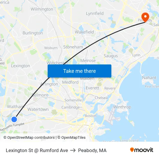 Lexington St @ Rumford Ave to Peabody, MA map