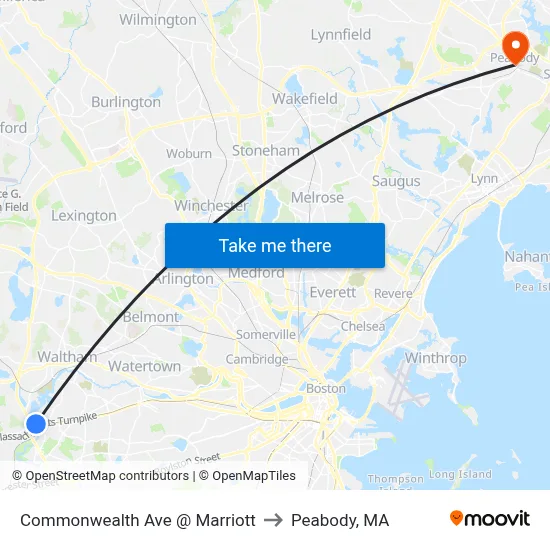Commonwealth Ave @ Marriott to Peabody, MA map