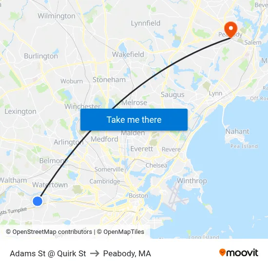 Adams St @ Quirk St to Peabody, MA map