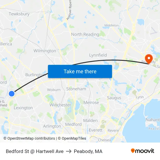 Bedford St @ Hartwell Ave to Peabody, MA map