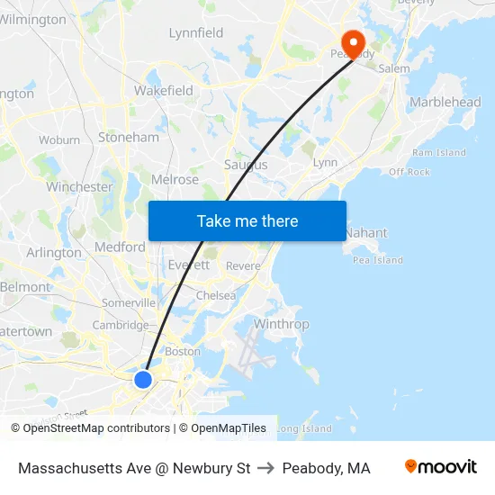 Massachusetts Ave @ Newbury St to Peabody, MA map