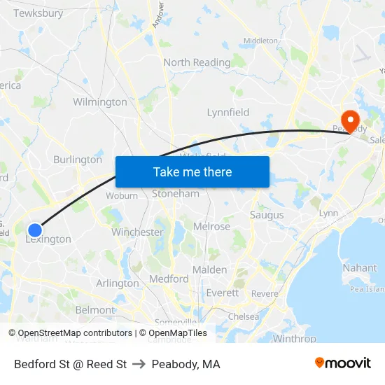 Bedford St @ Reed St to Peabody, MA map