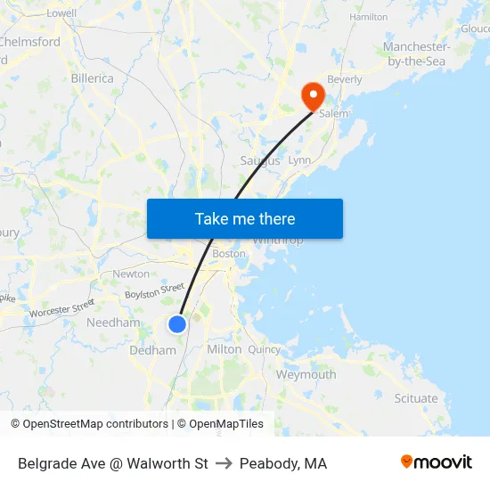Belgrade Ave @ Walworth St to Peabody, MA map