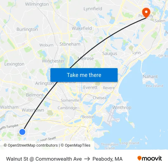 Walnut St @ Commonwealth Ave to Peabody, MA map
