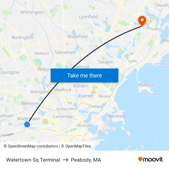 Watertown Sq Terminal to Peabody, MA map
