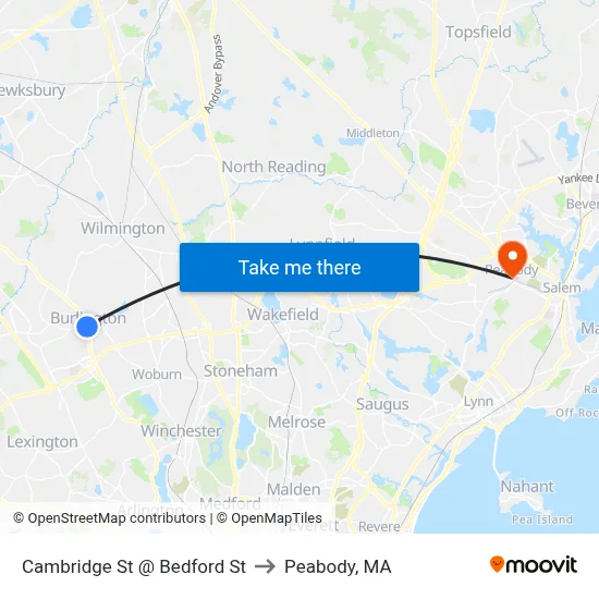 Cambridge St @ Bedford St to Peabody, MA map