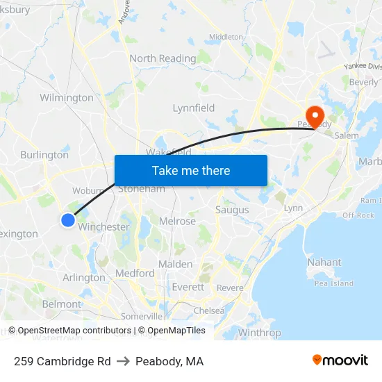 259 Cambridge Rd to Peabody, MA map