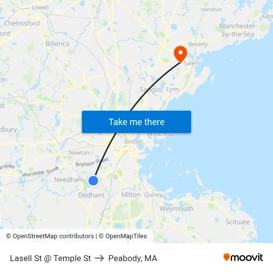 Lasell St @ Temple St to Peabody, MA map