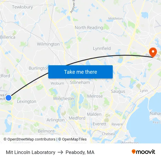 Mit Lincoln Laboratory to Peabody, MA map